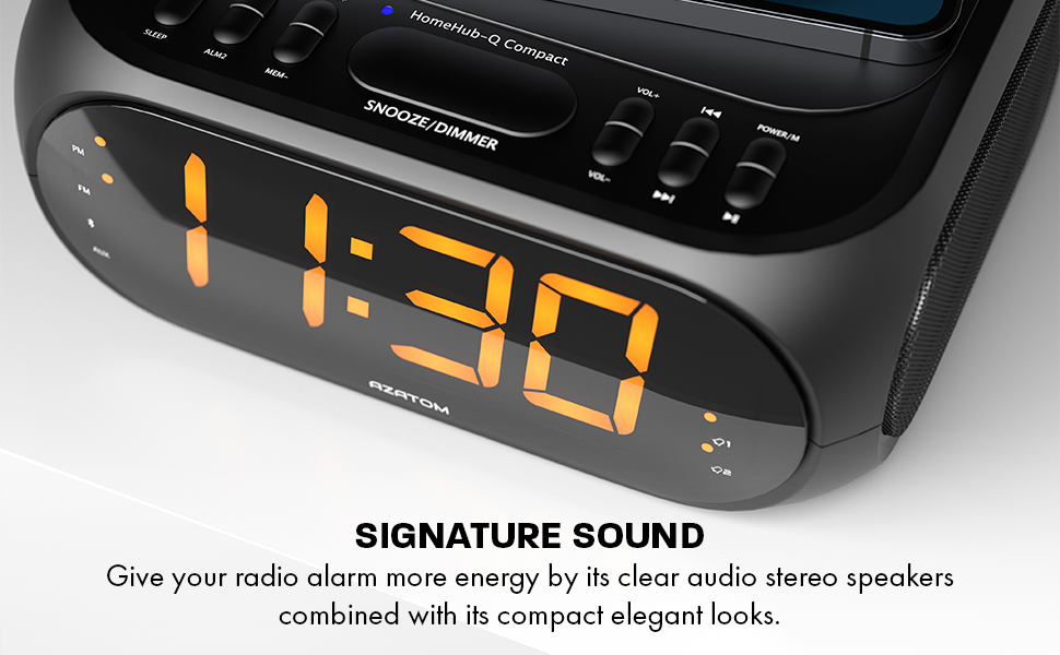 GIVE YOUR RADIO ALARM MORE ENERGY BY ITS CLEAR AUDIO STEREO SPEAKERS COMBINED WITH ITS COMPACT ELEGANT LOOKS.