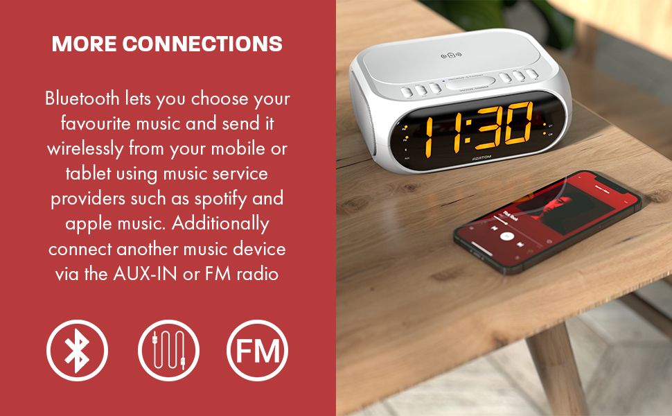BLUETOOTH LETS YOU CHOOSE YOUR FAVOURITE MUSIC AND SEND IT WIRELESSLY FROM YOUR MOBILE OR TABLET USING MUSIC SERVICE PROVIDERS SUCH AS SPOTIFY AND APPLE MUSIC. ADDITIONALLY CONNECT ANOTHER MUSIC DEVICE VIA THE AUX-IN OR FM RADIO