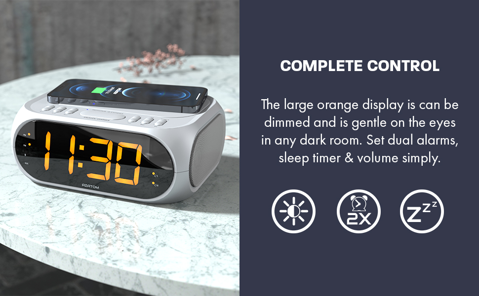 THE LARGE ORANGE DISPLAY IS DIMMERABLE AND SOFT ON THE EYES IN ANY DARK ROOM. SET DUAL ALARMS, SLEEP TIMER & VOLUME SIMPLY.