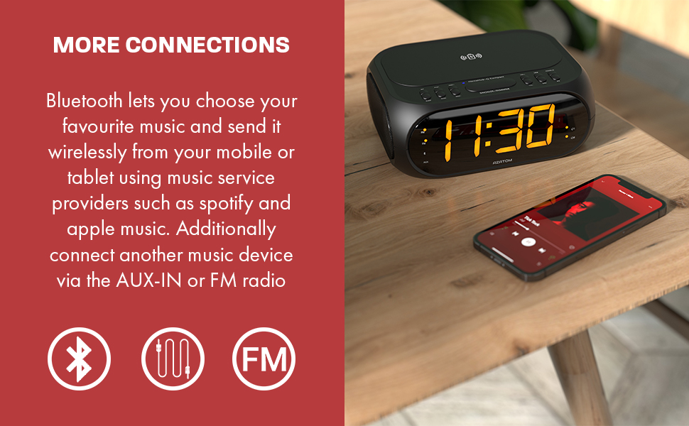 BLUETOOTH LETS YOU CHOOSE YOUR FAVOURITE MUSIC AND SEND IT WIRELESSLY FROM YOUR MOBILE OR TABLET USING MUSIC SERVICE PROVIDERS SUCH AS SPOTIFY AND APPLE MUSIC. ADDITIONALLY CONNECT ANOTHER MUSIC DEVICE VIA THE AUX-IN OR FM RADIO