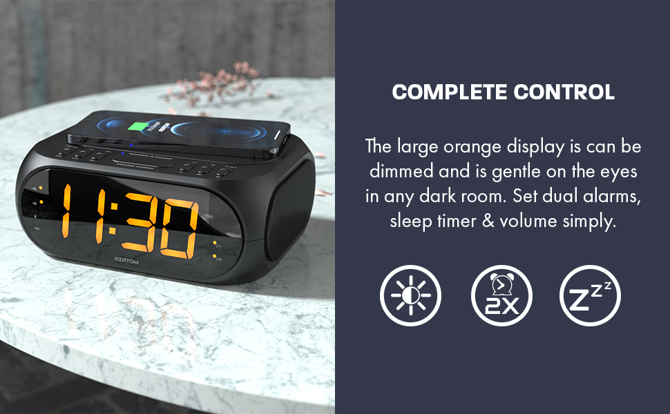 THE LARGE ORANGE DISPLAY IS DIMMERABLE AND SOFT ON THE EYES IN ANY DARK ROOM. SET DUAL ALARMS, SLEEP TIMER & VOLUME SIMPLY.